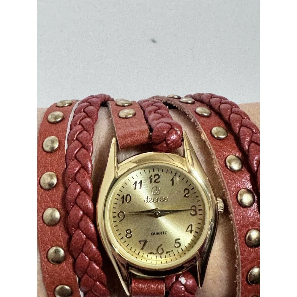 Decree Wrap Watch Brown Faux Leather Braided Studded Boho‎ Gold Tone Quartz Box